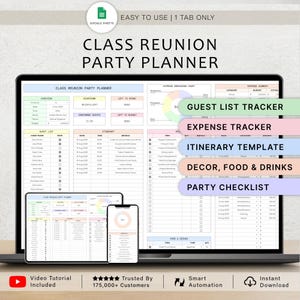 Puede incluir: Un ordenador portátil que muestra una hoja de cálculo "Class Reunion Party Planner" con secciones para listas de invitados, gastos e itinerarios. La pantalla muestra un diseño detallado con varias pestañas y campos de datos. Dispositivos adicionales muestran la interfaz del planificador.