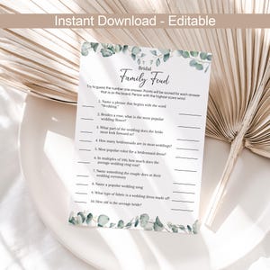 Family Feud Bridal Shower Game Wedding Friendly Feud Game Eucalyptus Family Feud Game Survey Game Group Question Quiz Contest EDITABLE