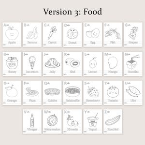 May include: Black and white line drawings of various foods, each labeled with a letter of the alphabet. Includes an apple, banana, carrot, donut, egg, fish, grapes, honey, ice cream, jelly, kiwi, lemon, mango, noodles, orange, pizza, quiche, ratatouille, strawberry, tomato, ube, vinegar, watermelon, ximena, yogurt, and zucchini.
