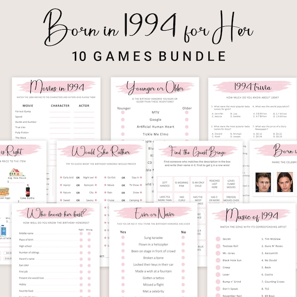 Jeux du 30e anniversaire pour les femmes Jeux de fête du 30e anniversaire pour elle née en 1994 Jeu 1994 Trivia Quiz Activity Bundle Instant Digital PRINTABLE