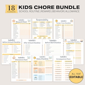 Kids Chore Chart School Routine Daily Checklist Reward Chart Allowance Tracker Screen Time Behavior Responsibility Weekly Planner EDITABLE
