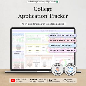 Peut inclure: Un outil de suivi des candidatures universitaires numérique affiché sur un écran d'ordinateur portable, comprenant des sections pour les candidatures, les bourses et les essais. L'interface inclut un calendrier, des tableaux et des graphiques.