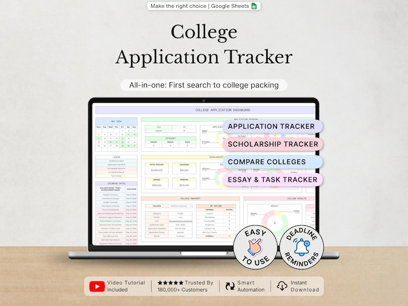 May include: A digital college application tracker displayed on a laptop screen, featuring sections for application, scholarship, and essay tracking. The interface includes a calendar, data tables, and circular charts. Text includes College Application Tracker.