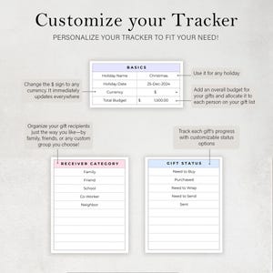 K&ouml;nnte beinhalten: Ein druckbarer Geschenks-Tracker mit Abschnitten f&uuml;r grundlegende Informationen, Empf&auml;ngerkategorie und Geschenkstatus. Der Tracker enth&auml;lt Felder f&uuml;r den Namen des Feiertags, das Datum, die W&auml;hrung, das Gesamtbudget und anpassbare Optionen zur Verfolgung des Geschenkfortschritts.