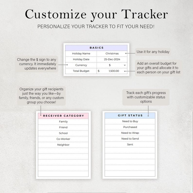 K&ouml;nnte beinhalten: Ein druckbarer Geschenks-Tracker mit Abschnitten f&uuml;r grundlegende Informationen, Empf&auml;ngerkategorie und Geschenkstatus. Der Tracker enth&auml;lt Felder f&uuml;r den Namen des Feiertags, das Datum, die W&auml;hrung, das Gesamtbudget und anpassbare Optionen zur Verfolgung des Geschenkfortschritts.