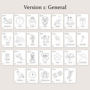May include: A set of 26 flashcards, each featuring a black and white illustration of an object and its corresponding letter of the alphabet. The cards include images of an airplane, ball, cake, doll, eagle, frog, gift, hen, igloo, joker, king, leaf, mushroom, needle, owl, parrot, queen, rat, star, tree, umbrella, vulture, watch, xylophone, yarn, and zip.