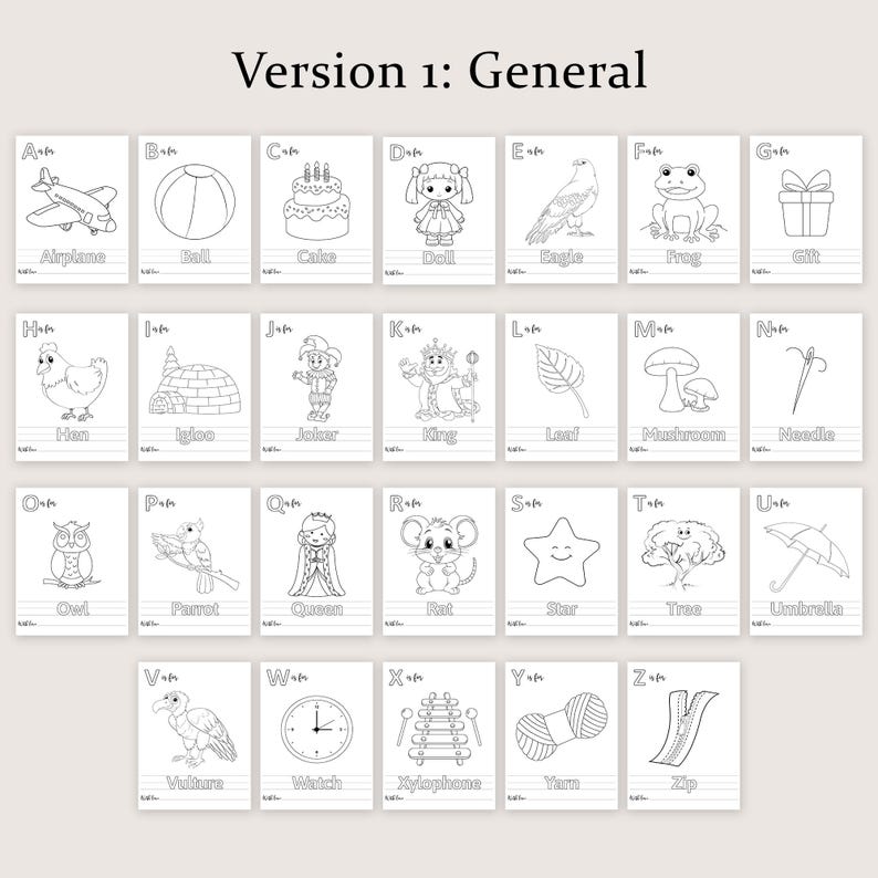May include: A set of 26 flashcards, each featuring a black and white illustration of an object and its corresponding letter of the alphabet. The cards include images of an airplane, ball, cake, doll, eagle, frog, gift, hen, igloo, joker, king, leaf, mushroom, needle, owl, parrot, queen, rat, star, tree, umbrella, vulture, watch, xylophone, yarn, and zip.
