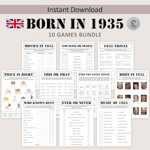 90° compleanno giochi UK Bundle British 90° compleanno festa gioco 1935 Trivia Nato nel 1935 90 anni Uomini Donne Lui Lei Sterlina STAMPABILE Digitale