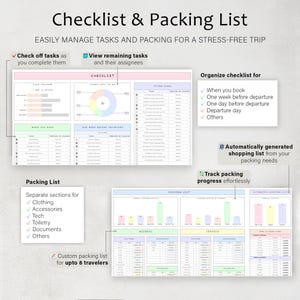 May include: A digital checklist and packing list template with the title "Checklist & Packing List". The template includes sections for tasks, packing lists, and shopping lists. It features a color-coded design and is designed to help users manage tasks and packing for a stress-free trip.