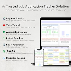 May include: A digital job application tracker displayed on a tablet, phone, and laptop. The interface shows a calendar, interview details, and application deadlines. Text includes "Beginner Friendly," "Video Tutorial," and "Instant Download."