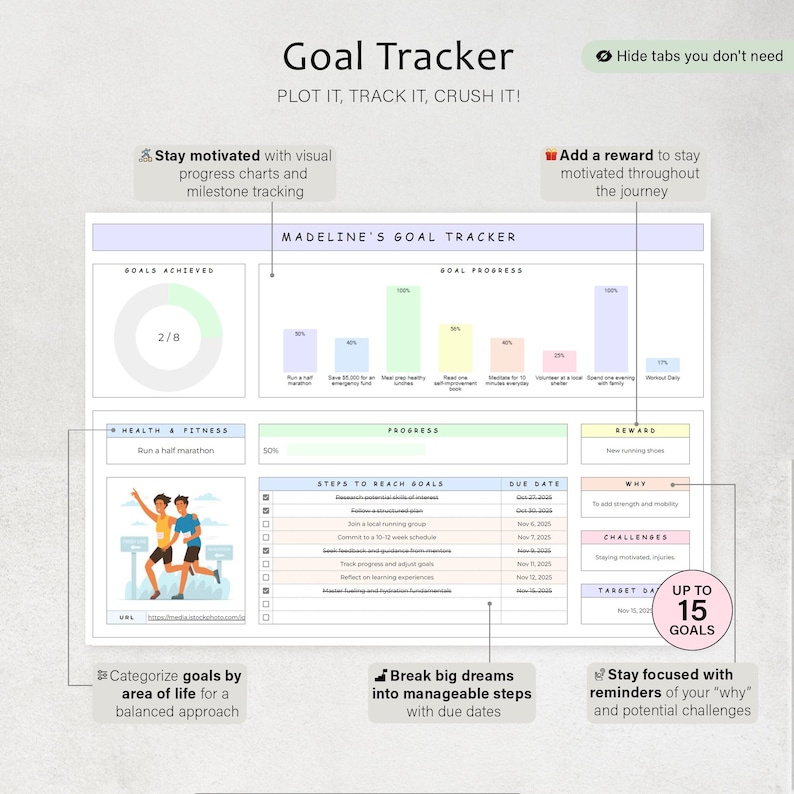 May include: A digital goal tracker with the title "Goal Tracker" and the text "Plot it, Track it, Crush it!" The tracker includes progress charts, milestone tracking, and space for rewards. The tracker is designed to help users stay motivated.