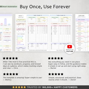 May include: A collection of printable workout templates with a clean, minimalist design. The templates include sections for tracking exercises, sets, reps, and progress. The image also features customer testimonials and a YouTube link.