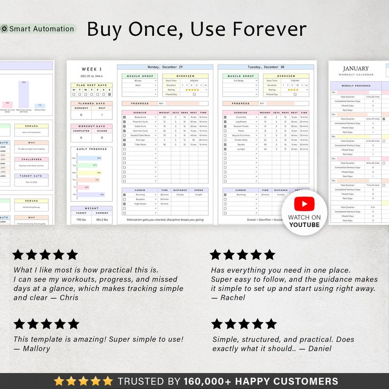 May include: A collection of printable workout templates with a clean, minimalist design. The templates include sections for tracking exercises, sets, reps, and progress. The image also features customer testimonials and a YouTube link.