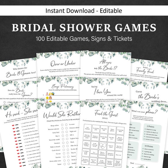 Bridal Shower Games Greenery Bachelorette Games Eucalyptus Wedding Shower Games Bridal Party Games Bride Groom Couples Shower Games EDITABLE
