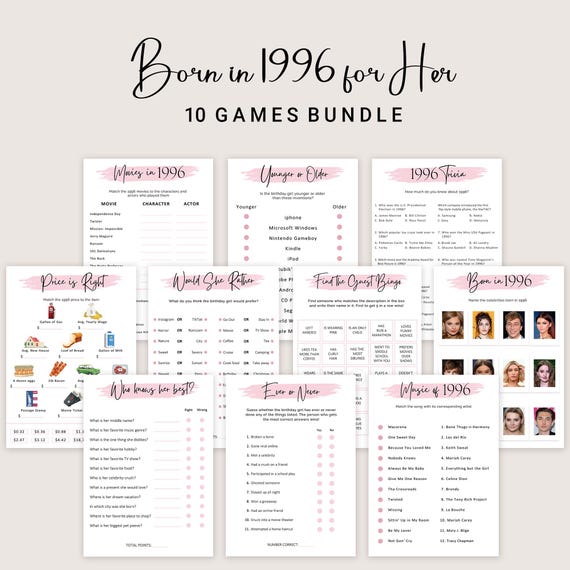 30th Birthday Games for Women 30th Birthday Party Games for Her Born in 1996 Game 1996 Trivia Quiz Activity Bundle Instant Digital PRINTABLE