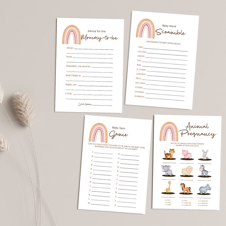 May include: Four printable baby shower game cards with a rainbow design. The games include advice for the mommy-to-be, baby word scramble, baby item game, and animal pregnancy.