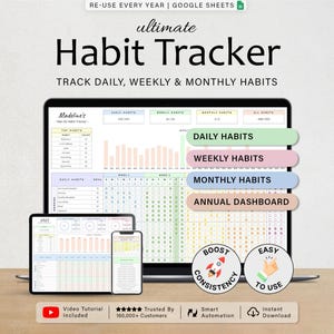 May include: A digital habit tracker displayed on a laptop, tablet, and smartphone screen. The interface features text including Ultimate Habit Tracker, Daily Habits, Weekly Habits, Monthly Habits, and Annual Dashboard with colorful charts and grids.