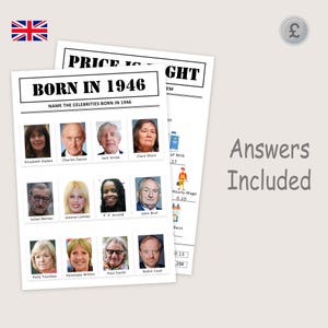 May include: Two white paper game sheets with the text "BORN IN 1946" and "NAME THE CELEBRITIES BORN IN 1946". The sheets include celebrity photos and the words "Answers Included". A British flag and a pound symbol are also visible.