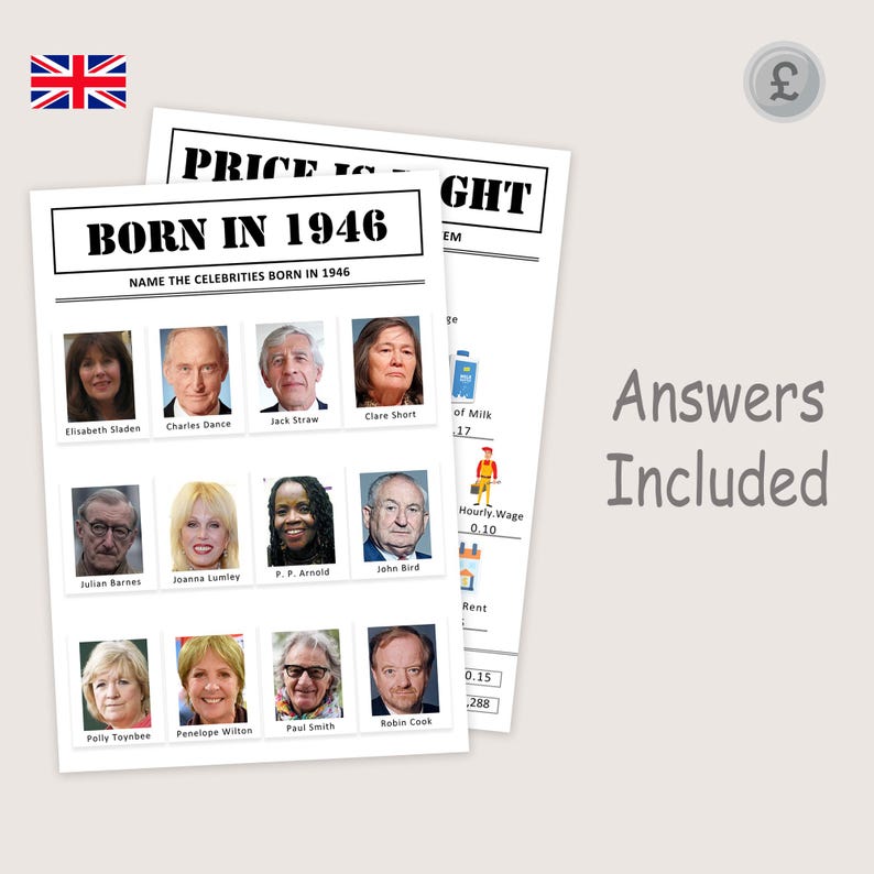 May include: Two white paper game sheets with the text "BORN IN 1946" and "NAME THE CELEBRITIES BORN IN 1946". The sheets include celebrity photos and the words "Answers Included". A British flag and a pound symbol are also visible.