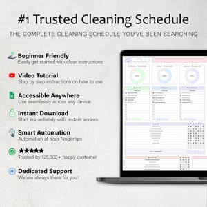 May include: A laptop displaying a digital cleaning schedule with a clean, organized layout. The screen shows progress trackers and daily task lists. Text on the screen reads "#1 Trusted Cleaning Schedule" and "The Complete Cleaning Schedule You've Been Searching".