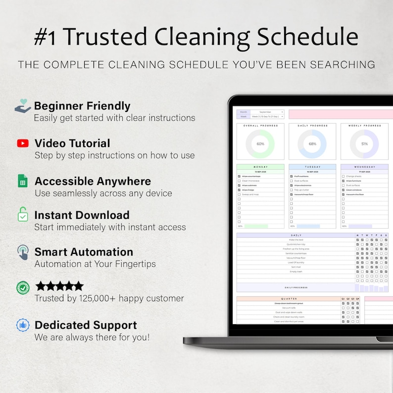 May include: A laptop displaying a digital cleaning schedule with a clean, organized layout. The screen shows progress trackers and daily task lists. Text on the screen reads "#1 Trusted Cleaning Schedule" and "The Complete Cleaning Schedule You've Been Searching".