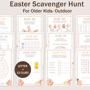 May include: A printable Easter scavenger hunt for older children with 12 clues. The clues are presented on individual cards with a variety of puzzles and games, including a word search, a maze, a number sequence, and a code.