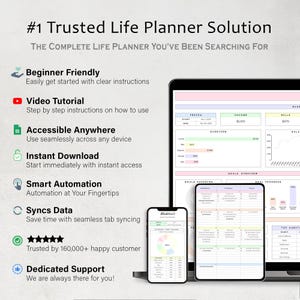 May include: A digital life planner displayed on a tablet, phone, and laptop. The planner features a clean, organized layout with sections for income, bills, and goals. Text includes "#1 Trusted Life Planner Solution" and "Beginner Friendly."