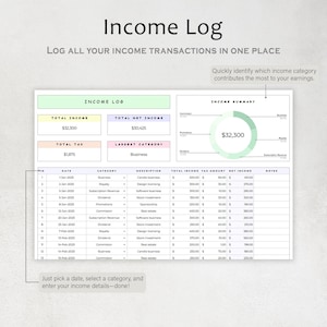 Op de afbeelding: Een afdrukbare inkomstenlog-spreadsheet met een pastelkleurenschema. De spreadsheet bevat secties voor totaal inkomen, totaal netto inkomen, totale belasting, grootste categorie, inkomstensamenvatting, datum, categorie, beschrijving, totaal inkomen, belastingbedrag, netto inkomen en notities. De spreadsheet is ontworpen om gebruikers te helpen hun inkomsten en uitgaven bij te houden.