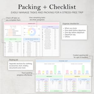 May include: A printable checklist and packing list template with a pastel color scheme. The checklist includes sections for tasks to do when booking a trip, one week before departure, one day before departure, and the day of departure. The packing list includes sections for clothing, accessories, technology, and toiletries. The template is designed to help travelers easily manage their tasks and packing for a stress-free trip.