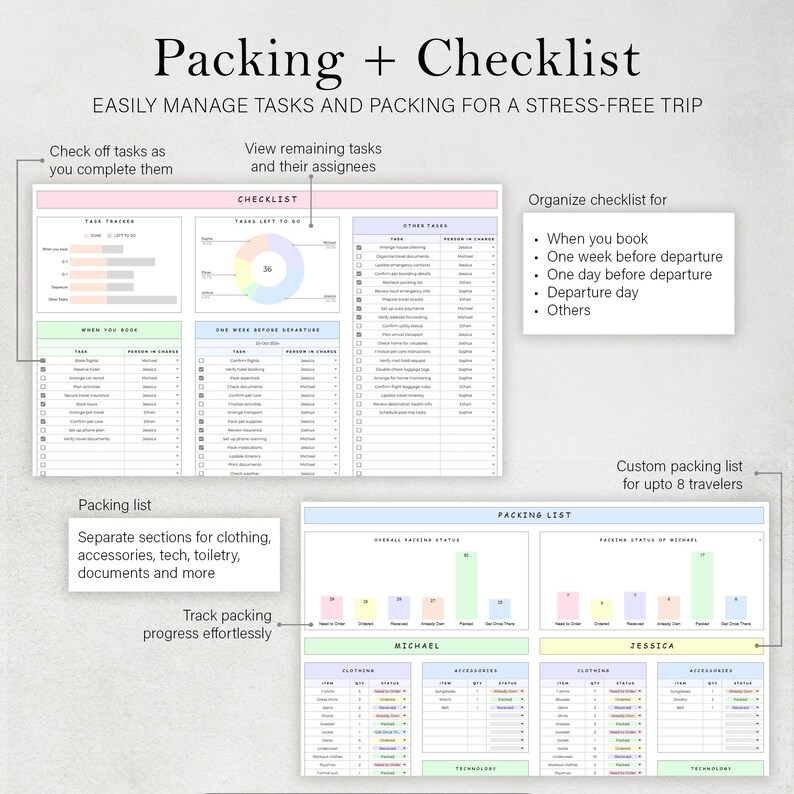 May include: A printable checklist and packing list template with a pastel color scheme. The checklist includes sections for tasks to do when booking a trip, one week before departure, one day before departure, and the day of departure. The packing list includes sections for clothing, accessories, technology, and toiletries. The template is designed to help travelers easily manage their tasks and packing for a stress-free trip.