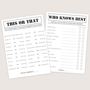 May include: Two white paper game sheets with black text. One sheet reads "THIS OR THAT" with multiple choice questions. The other sheet reads "WHO KNOWS BEST" with fill-in-the-blank questions. Both are designed for a birthday party.
