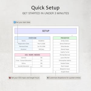 May include: A digital interface with the text "Quick Setup" and "Get Started in Under 3 Minutes." The interface includes sections for overview, presenter details, and CEU hours needed, with a focus on setting up a program.