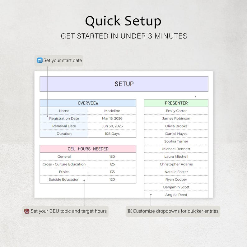 May include: A digital interface with the text "Quick Setup" and "Get Started in Under 3 Minutes." The interface includes sections for overview, presenter details, and CEU hours needed, with a focus on setting up a program.