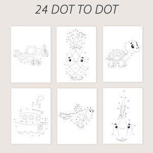 Puede incluir: Un conjunto de seis hojas de actividades de puntos a conectar en blanco y negro para ni&ntilde;os. Las hojas presentan una pi&ntilde;a, una tortuga, un p&aacute;jaro, un barco, una cebolla y un avi&oacute;n. Cada hoja tiene n&uacute;meros para seguir para completar la imagen.