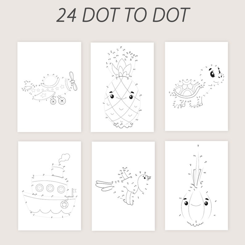 Puede incluir: Un conjunto de seis hojas de actividades de puntos a conectar en blanco y negro para ni&ntilde;os. Las hojas presentan una pi&ntilde;a, una tortuga, un p&aacute;jaro, un barco, una cebolla y un avi&oacute;n. Cada hoja tiene n&uacute;meros para seguir para completar la imagen.