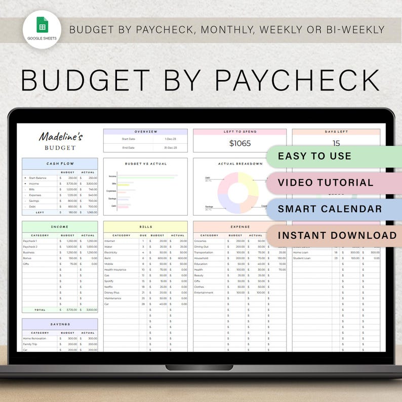 May include: A laptop screen displaying a budget spreadsheet template with the title "Madeline's Budget". The spreadsheet is divided into sections for cash flow, income, bills, and expenses. The template is designed to help users track their finances and create a budget. The screen also includes a chart showing the actual breakdown of spending, and a section for notes. The template is available for instant download.