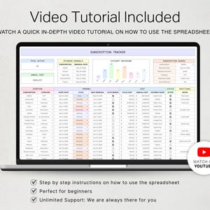 May include: A laptop screen displaying a subscription tracker spreadsheet with columns for subscription names, renewal dates, costs, and status. The interface includes a bar chart for category breakdowns and a YouTube icon button for a video tutorial.