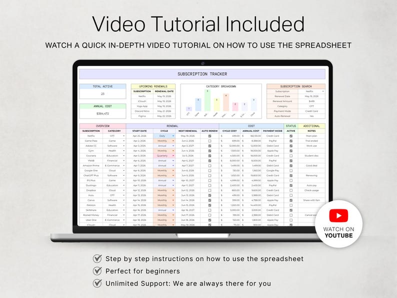 May include: A laptop screen displaying a subscription tracker spreadsheet with columns for subscription names, renewal dates, costs, and status. The interface includes a bar chart for category breakdowns and a YouTube icon button for a video tutorial.