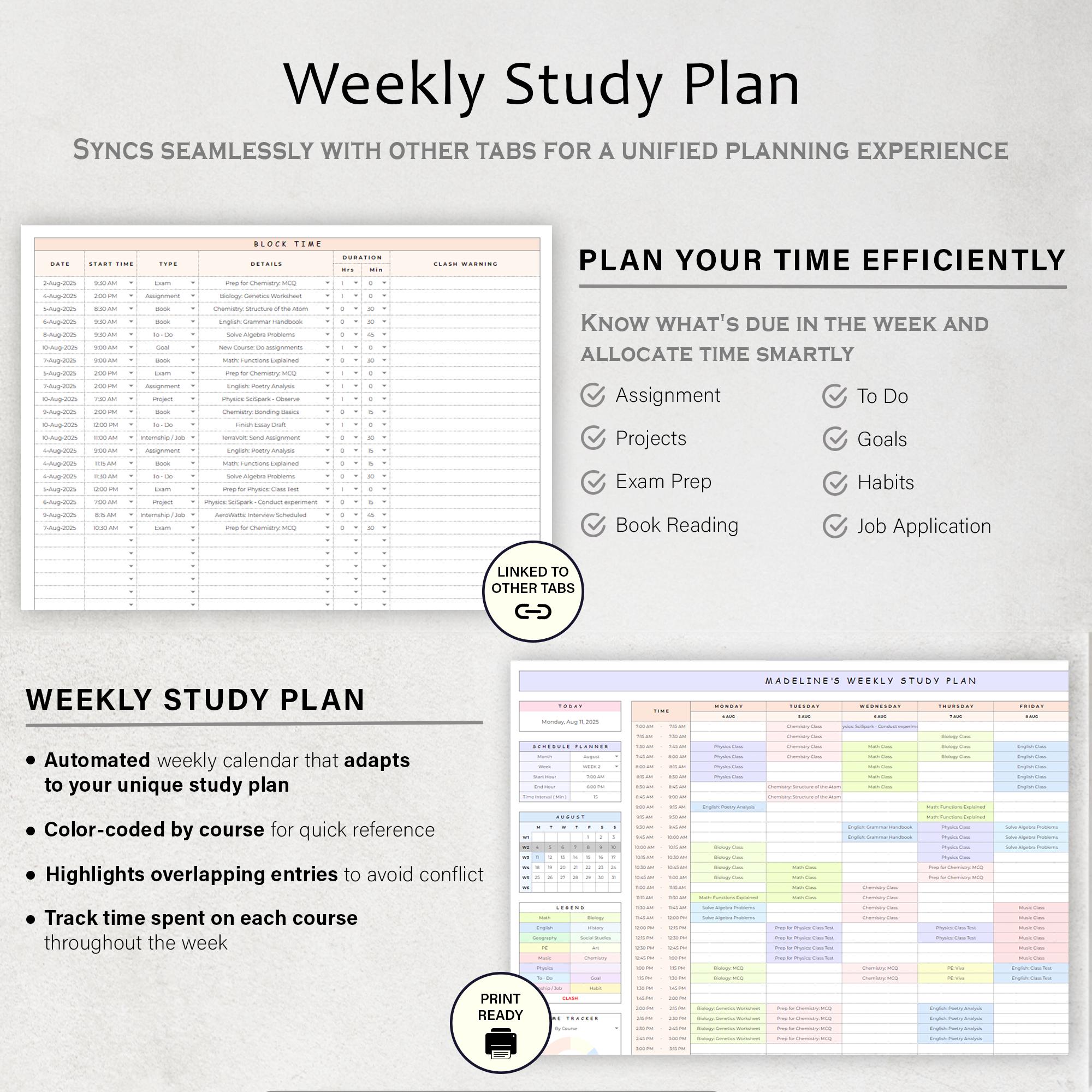 Student Planner Assignment Tracker Academic Study Planner Spreadsheet ...