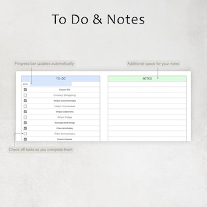 May include: A digital planner page with the title "To Do & Notes". The page is divided into two sections: a to-do list with checkboxes and a notes section. The to-do list includes tasks like "Clean PC" and "Grocery Shopping".