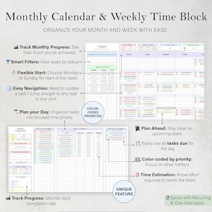 K&ouml;nnte beinhalten: Ein detaillierter Monatskalender und Wochenzeitblock-Layout. Der Kalender verf&uuml;gt &uuml;ber farbcodierte Priorit&auml;ten, intelligente Filter und einfache Navigation. Der Text enth&auml;lt "Organisieren Sie Ihren Monat und Ihre Woche mit Leichtigkeit".