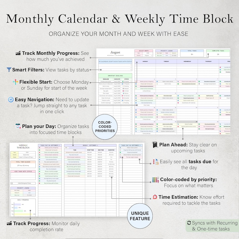 K&ouml;nnte beinhalten: Ein detaillierter Monatskalender und Wochenzeitblock-Layout. Der Kalender verf&uuml;gt &uuml;ber farbcodierte Priorit&auml;ten, intelligente Filter und einfache Navigation. Der Text enth&auml;lt "Organisieren Sie Ihren Monat und Ihre Woche mit Leichtigkeit".