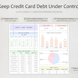 May include: A credit card tracker spreadsheet featuring a May 2026 due date calendar, a credit card overview table, a credit card utilization bar chart, a payment status pie chart, and a credit health table with text Keep Credit Card Debt Under Control.