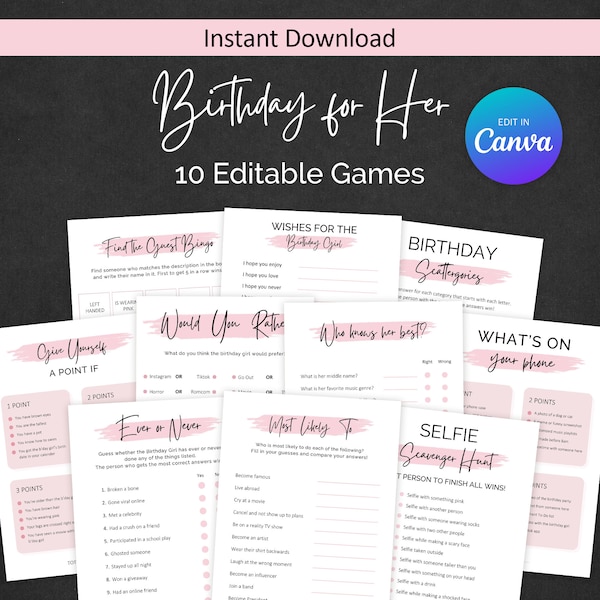 Birthday Games for Her Birthday Party Games for Women Bundle She Who knows the Birthday Girl Best Ever or Never Trivia Pink EDITABLE Instant