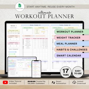 Workout Planner Spreadsheet Exercise Tracker Template Fitness Planner Gym Weight Loss Tracker Weight Lifting Training Pilates Google Sheets
