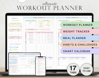 Planificador de entrenamiento en hoja de cálculo Plantilla de seguimiento de ejercicios Planificador de fitness Gimnasio Seguimiento de pérdida de peso Entrenamiento con pesas Pilates Hojas de cálculo de Google