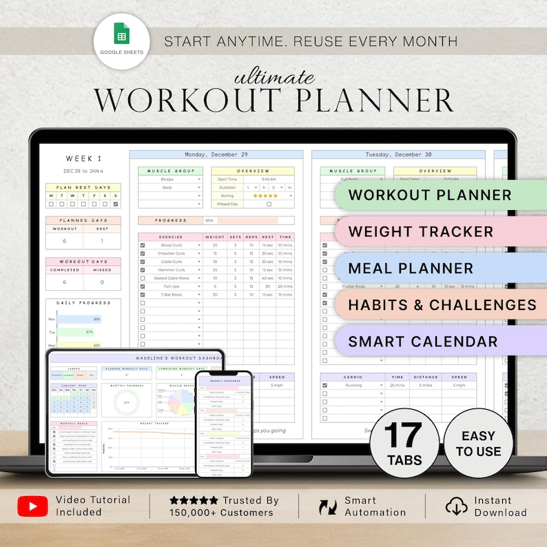 Workout Planner Spreadsheet Exercise Tracker Template Fitness Planner Gym Weight Loss Tracker Weight Lifting Training Pilates Google Sheets image 1