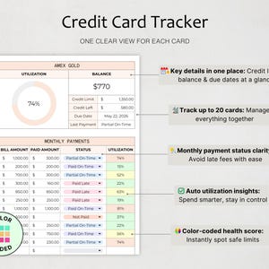 May include: A digital credit card tracker template featuring a table for Amex Gold with utilization percentages, balance, credit limit, and due dates. The layout includes a monthly payments section with color-coded status indicators and columns for bill amounts, paid amounts, and utilization percentages.