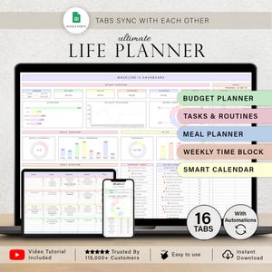 Könnte beinhalten: Ein digitaler Lebensplaner, der auf einem Laptop, Tablet und Smartphone angezeigt wird. Der Planer enthält Abschnitte für Budgetierung, Aufgaben, Essensplanung und einen intelligenten Kalender. Der Text "Tabs Sync With Each Other" und "Ultimate Life Planner" ist ebenfalls zu sehen.
