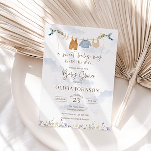Boy Baby Shower Invitation Baby Clothes Invite A Sweet Baby Boy is on the Way Laundry Clothes Line Boho Baby Shower Party Theme EDITABLE CB6